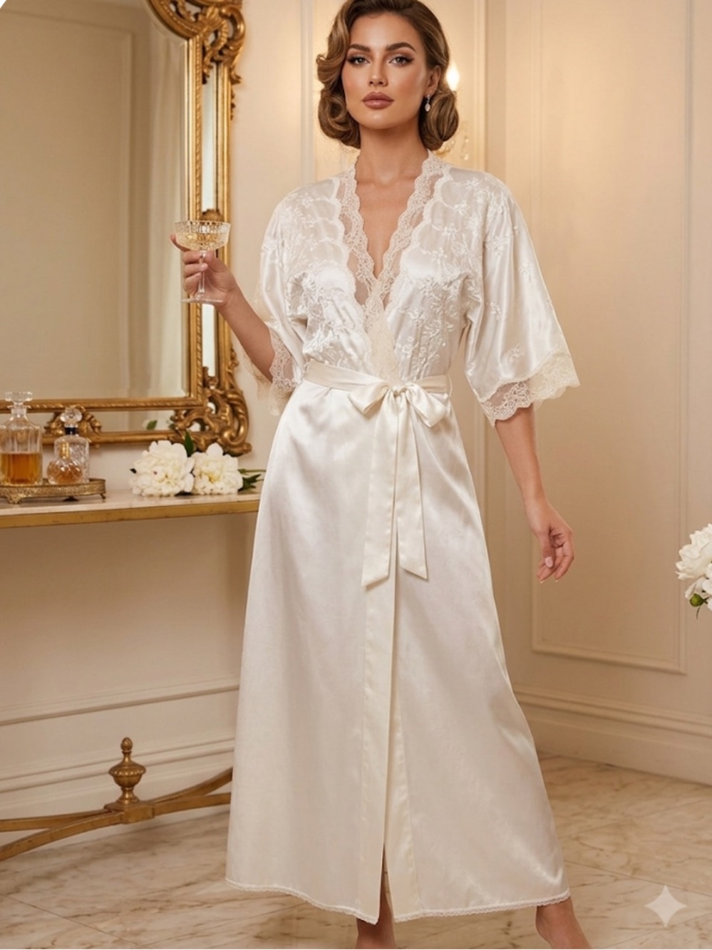 Victoria's Secret vintage Gold Label Ivory Satin Lace Robe